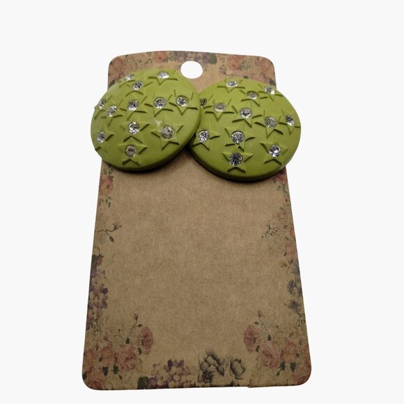 Green Star Button Earrings Rhinestones Pierced Posts Whimsy - Picture 2 of 9